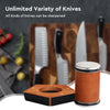 A wooden multi-angle rolling knife sharpener is shown next to various kitchen knives on a cutting board.