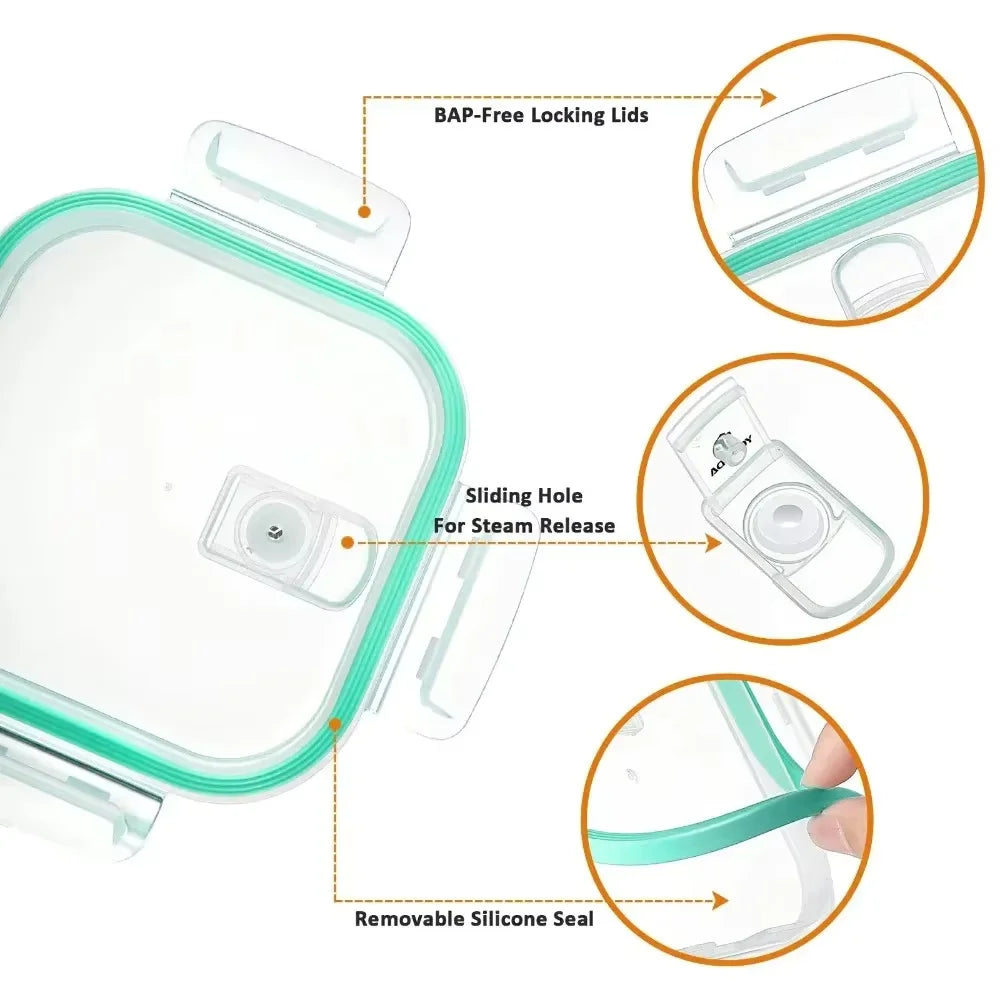 Diagram showing features of an airtight glass lunch box including BAP-free locking lids, a sliding hole for steam release, an