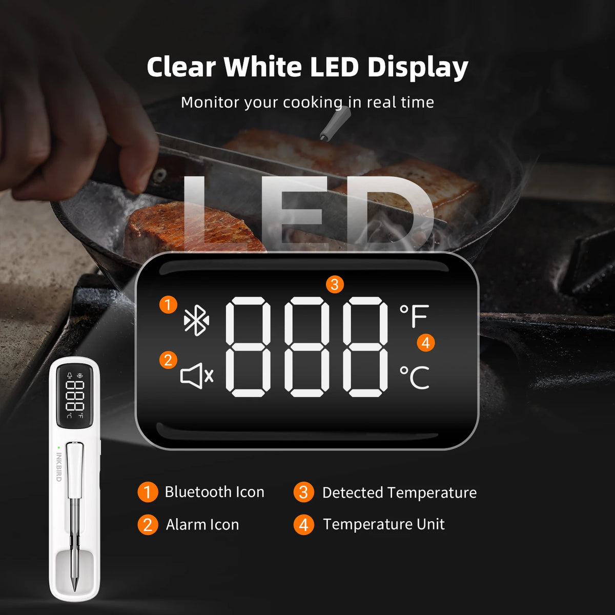A black digital meat thermometer with a clear white LED display showing 888 degrees Fahrenheit and Celsius, next to a cooking