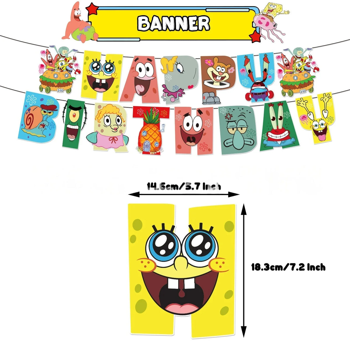 A banner featuring various SpongeBob characters and a large yellow letter M.