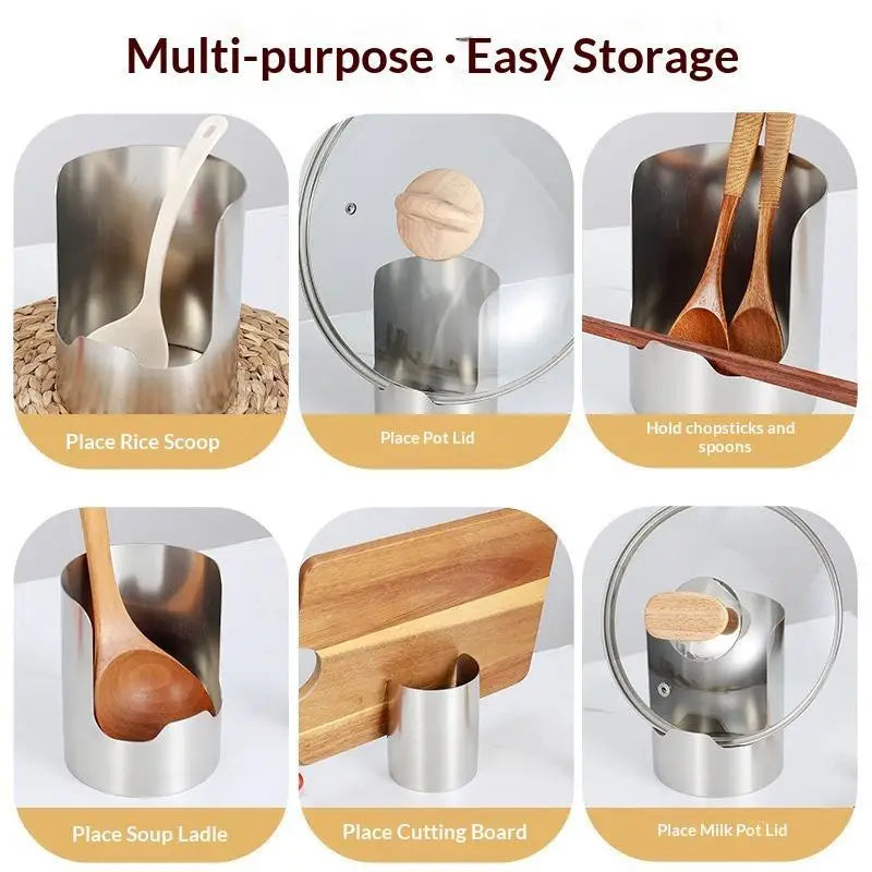 Stainless steel spoon and lid organizer rack showing various utensils and lids for easy storage