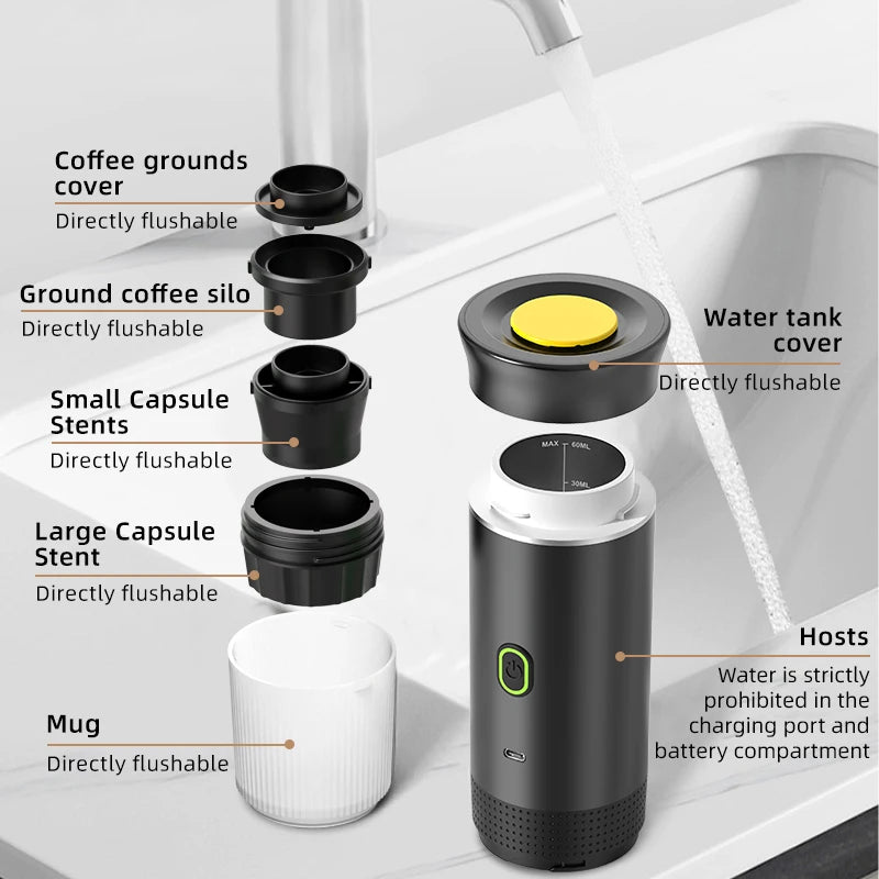 A portable electric espresso coffee maker with various accessories like grounds cover, silicone stents, and a mug shown in a 