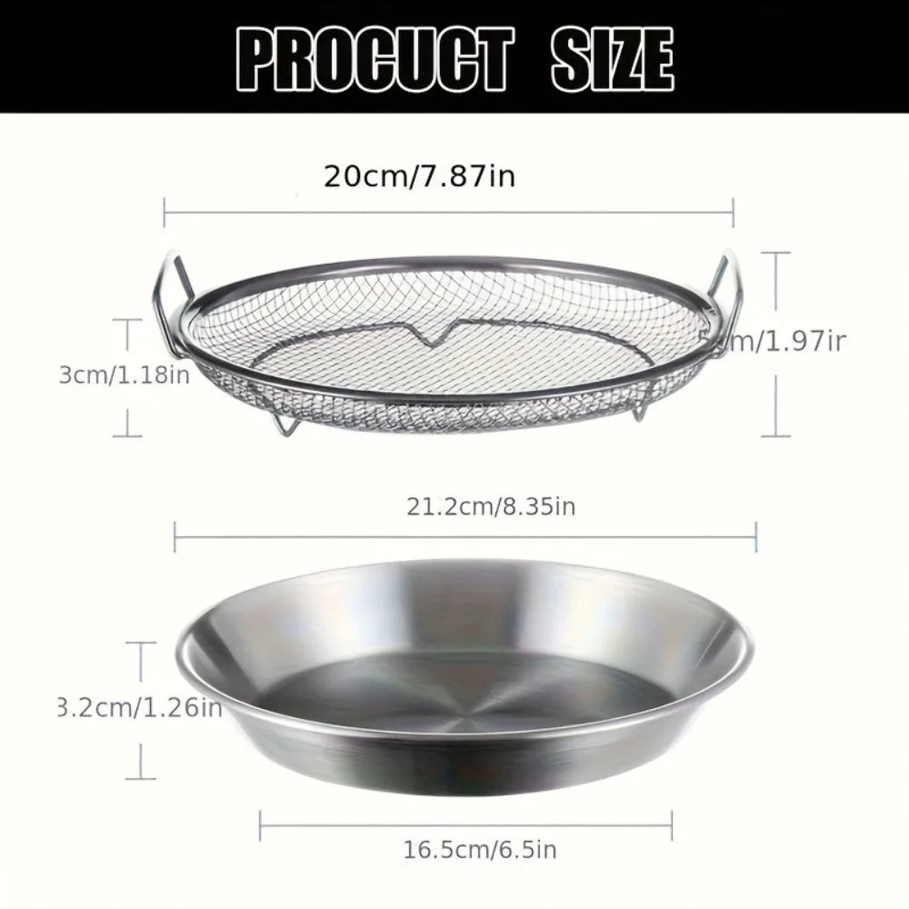 Stainless steel frying rack with an oil draining basket and a separate bowl shown with dimensions.