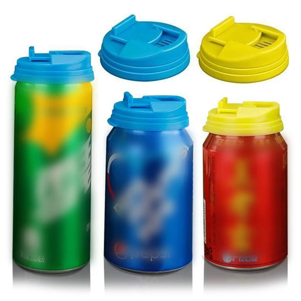 Set of reusable leakproof soda can lids in blue and yellow colors