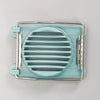 Stainless steel egg slicer and divider with a light blue plastic frame and slotted blades