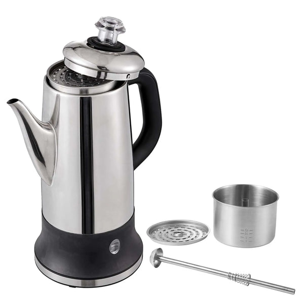Edelstahl-Elektroperkolator für Kaffee mit schwarzer Basis und Metallrührer.