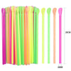 A set of reusable plastic beverage stirrers and straws in various bright colors like pink, yellow, green, and orange.