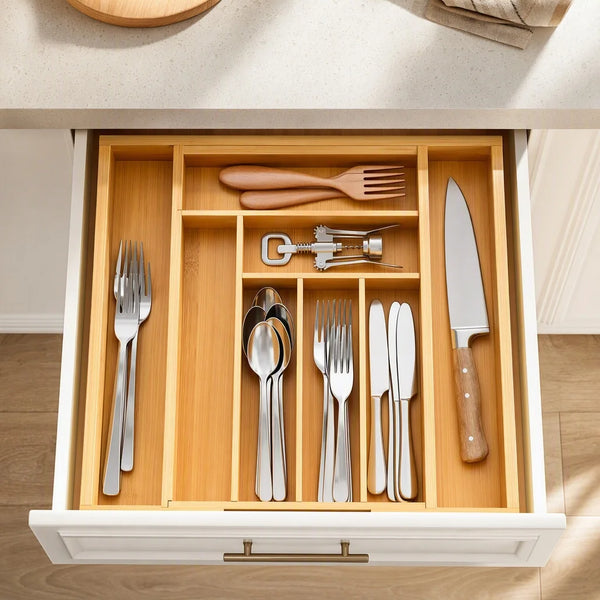 A light wood drawer organizer with compartments holding various stainless steel and wooden cutlery and accessories.
