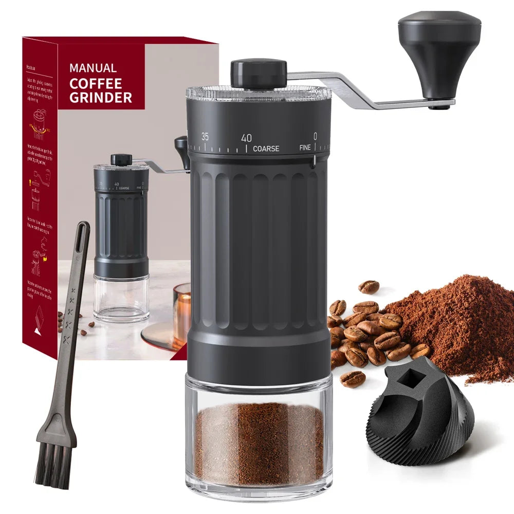 A manual ceramic coffee grinder with an adjustable scale, showing the grinder body, blade, and ground coffee beans.