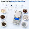 A digital precision scale is shown next to various small items like jewelry, coins, spices, and tea leaves.
