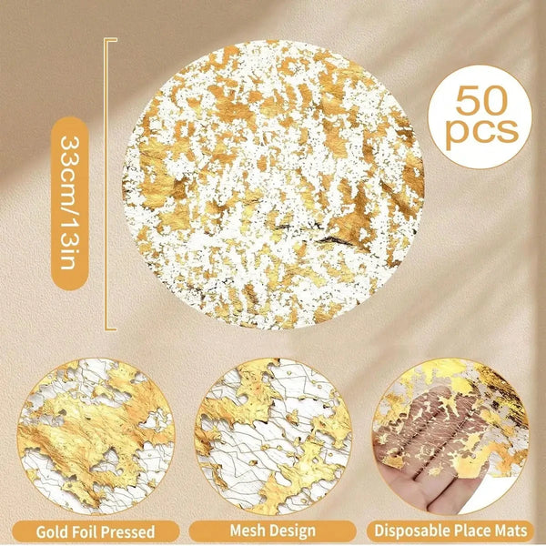 A set of six elegant gold foil disposable placemats showing various designs including a textured pattern and a mesh design.