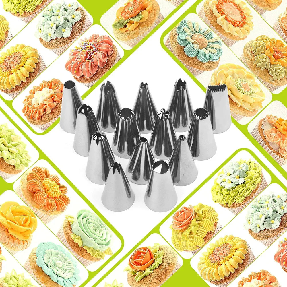 A collection of stainless steel cake decorating nozzles and tips in various shapes and sizes.