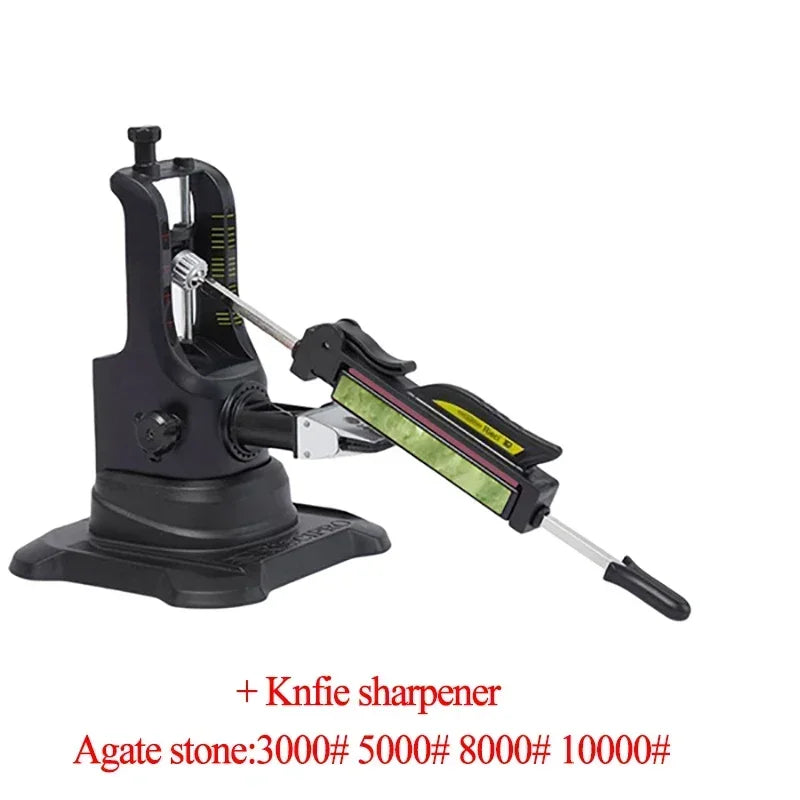 A black professional diamond knife sharpener set with a yellow sharpening rod and agate stone.