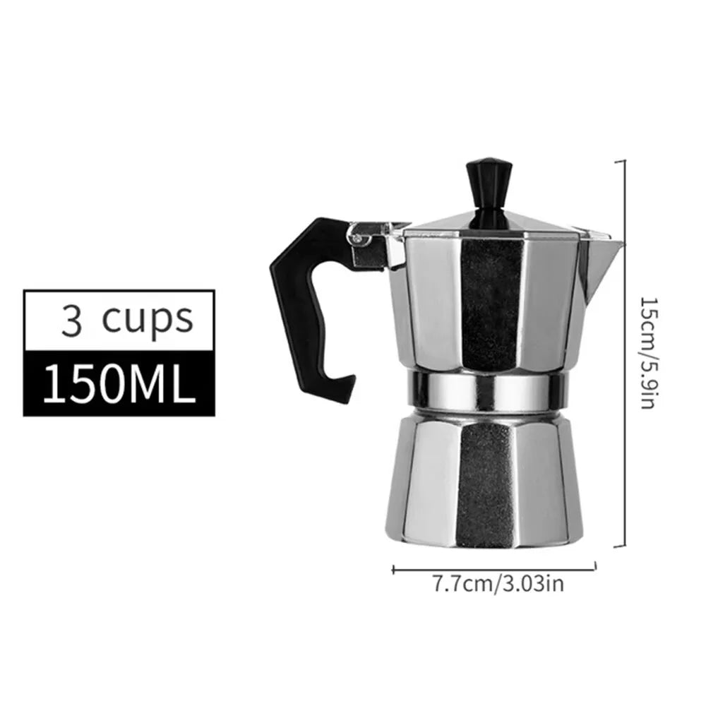 Silver aluminum stovetop moka pot with a black handle and lid