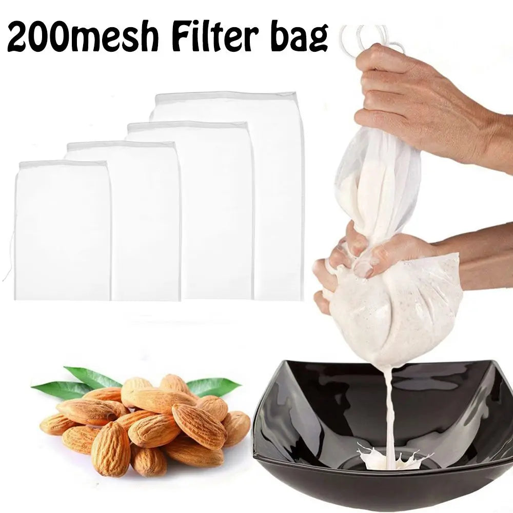 A hand is pouring a white, creamy substance through a 200mesh filter bag into a black bowl.
