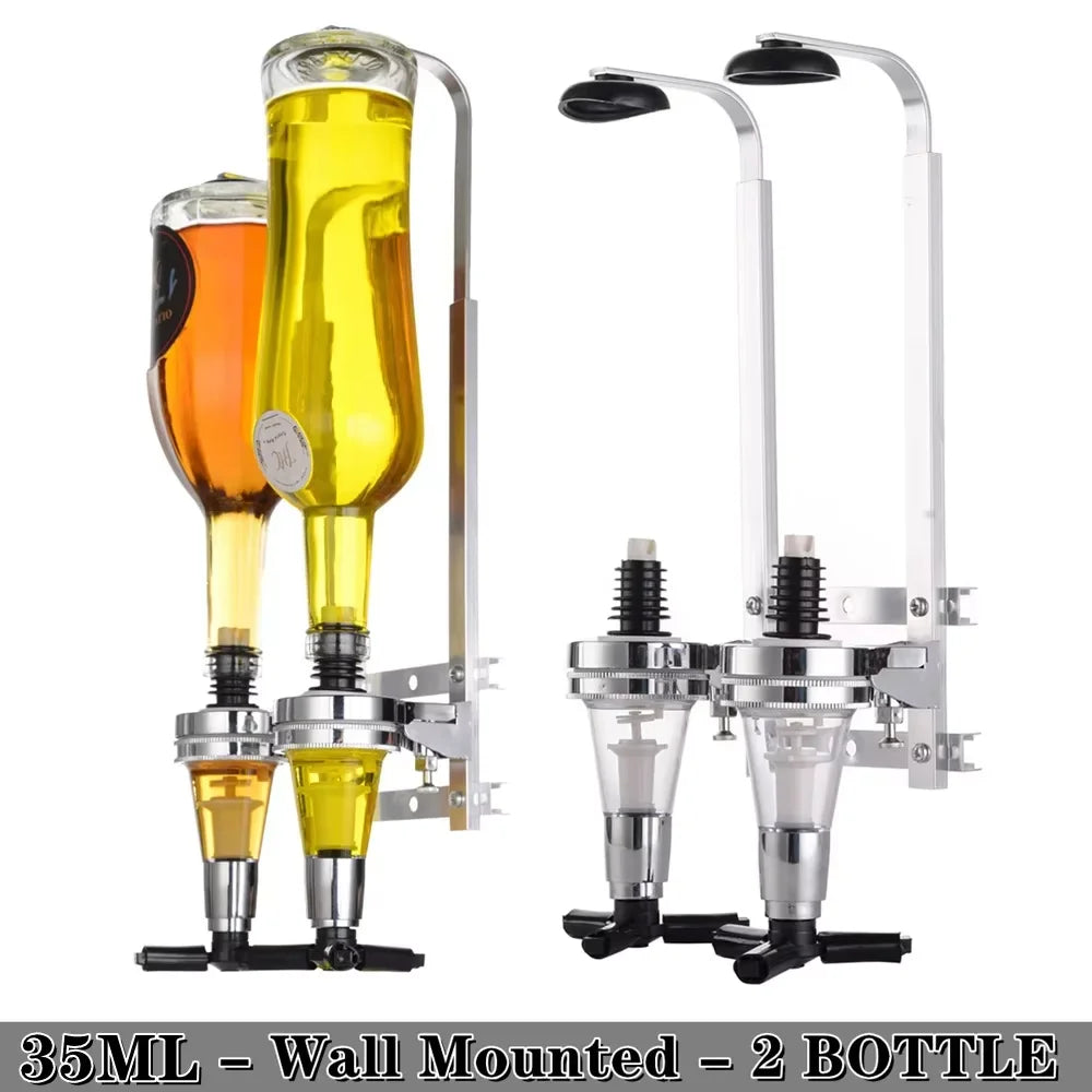 Wall mounted rotating dispenser for spirits showing two glass bottles