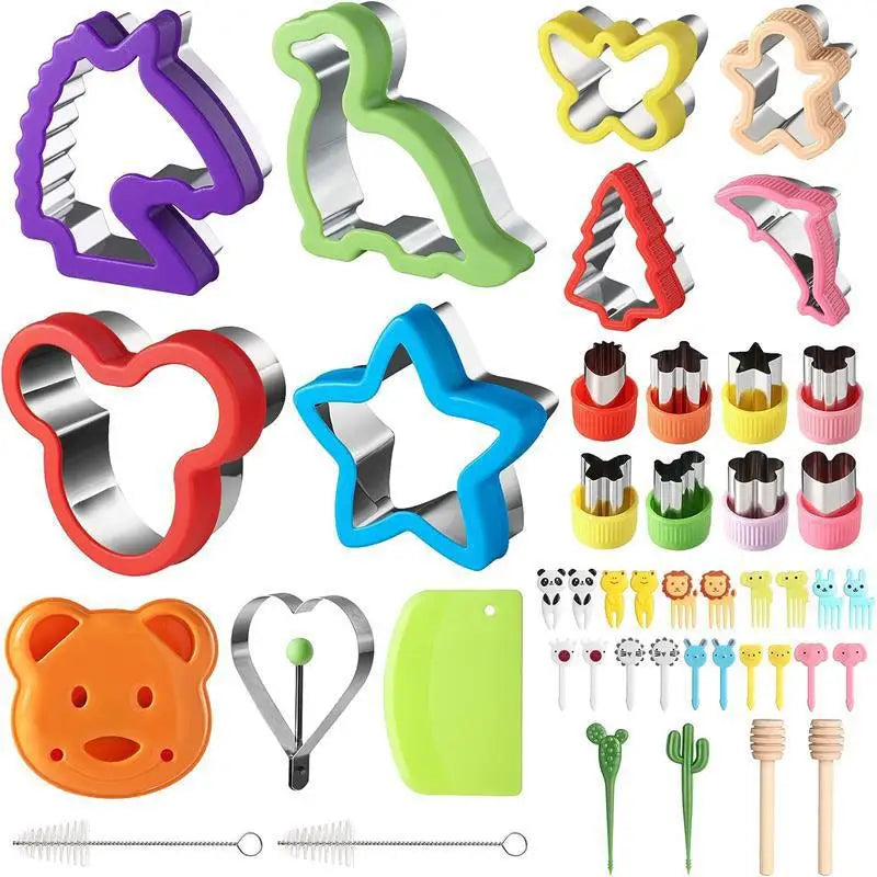 A collection of various stainless steel sandwich cutters and food shapes in purple, green, red, and yellow colors.