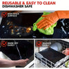 Reusable silicone baking mat shown being cleaned and rinsed off easily for dishwasher safe use