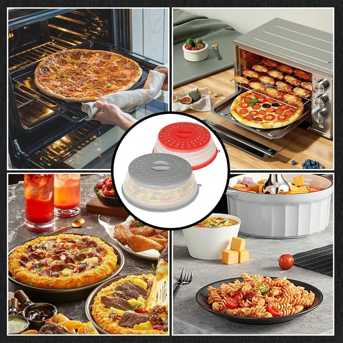 A collection of food items including a pizza, baked goods, and pasta served in various dishes.