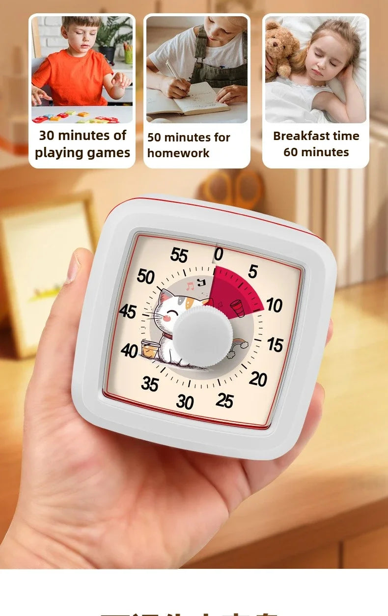 A hand holds a white visual timer with a clock face showing 55 minutes and various time segments.