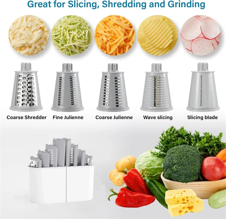 A set of five rotary kitchen graters and slicers for food preparation, including a coarse shredder, fine julienne, and wave s
