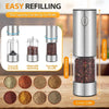 A silver electric salt and pepper grinder with a clear container showing various ground spices.