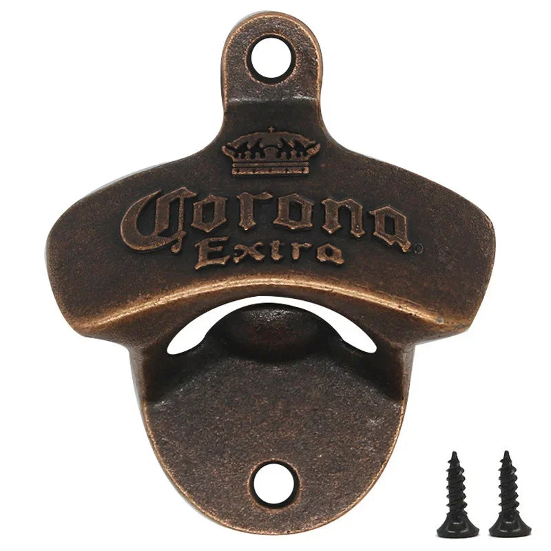 A bronze retro corona wall mounted bottle opener with an extra feature.