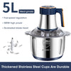 A silver and blue electric meat grinder with a jug, showing features like five-speed regulation and a six-blade head.