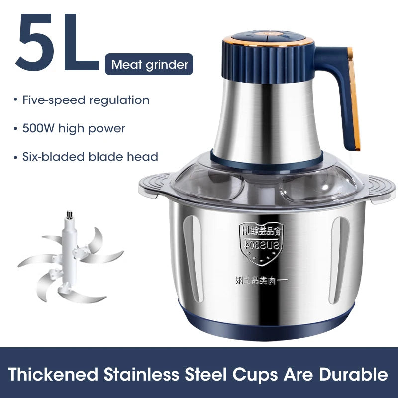 A silver and blue electric meat grinder with a jug, showing features like five-speed regulation and a six-blade head.