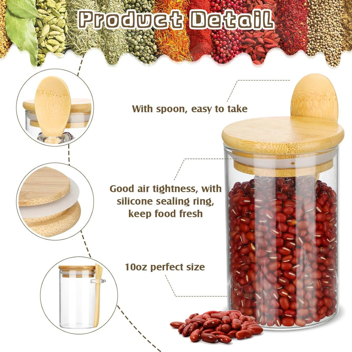 A glass storage jar with a bamboo lid filled with red beans, showing its airtight seal and size.