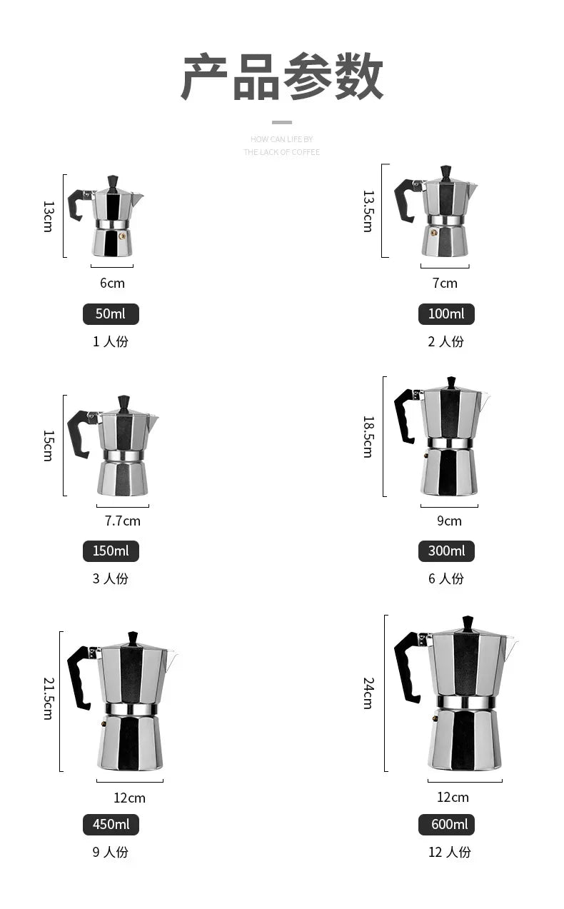 Diagram showing various sizes and capacities of an Italian aluminum moka pot coffee maker for different serving sizes.