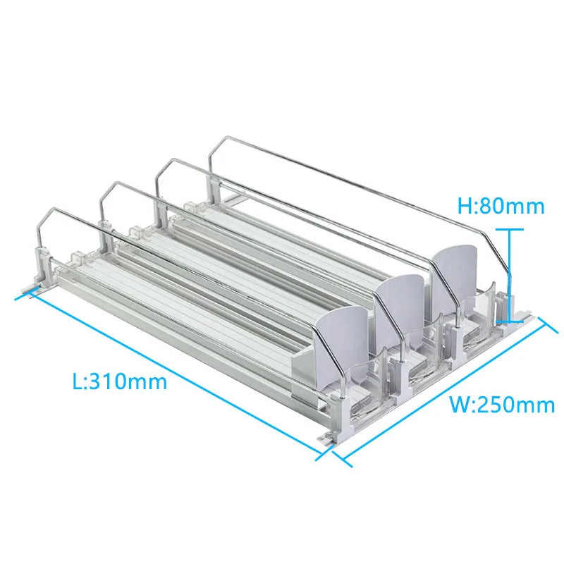 A clear, spring-loaded organizer rack designed to hold cans and bottles in a refrigerator or pantry.