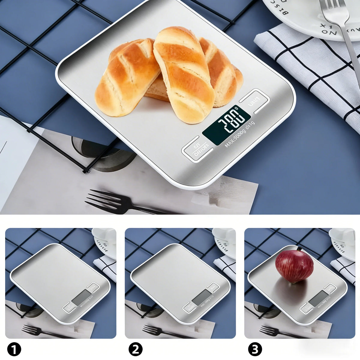 A precision digital kitchen scale is shown measuring a loaf of bread on a dark blue surface.