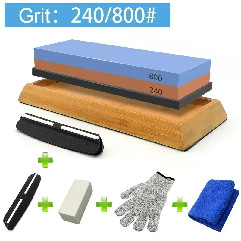 A set of multi-grits knife sharpening stones including a blue and orange stone, a black sharpening block, a white stone, and 
