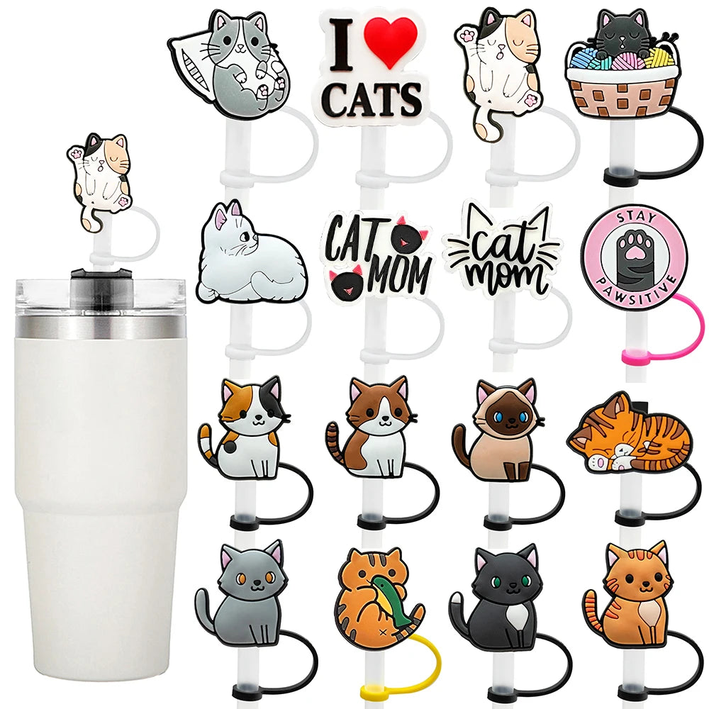 A set of silicone straw covers featuring various cat designs for cups.