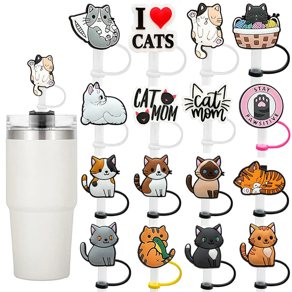 Set aus Silikon-Schaftabdeckungen mit verschiedenen Katzenmotiven für Tassen.
