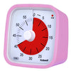 A pink visual countdown timer with a red dial and white markings for measuring time.