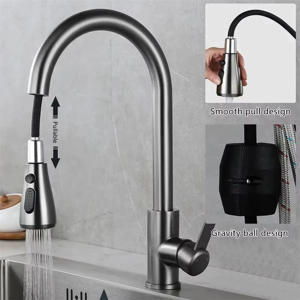 Moderner Edelstahl-Küchenwasserhahn mit Zugdesign und Gravitationskugel-Funktion.
