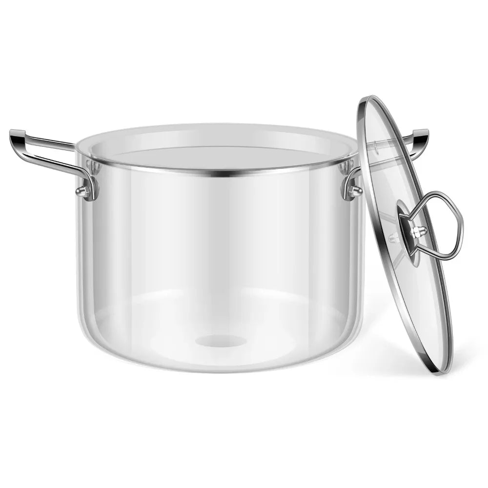 A clear glass cookware pot with a lid and double handles is shown against a white background.