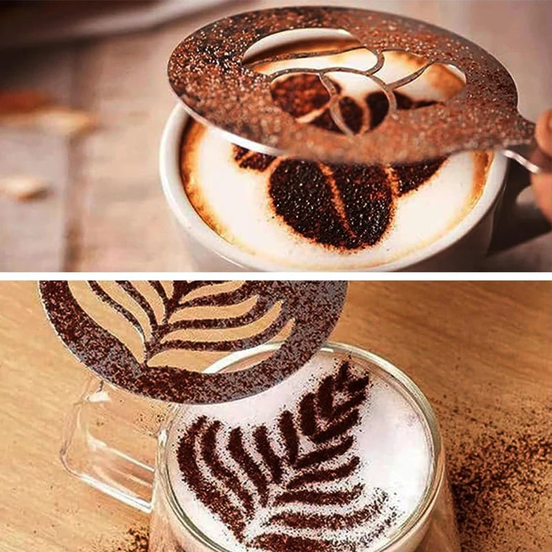 A close-up of a stainless steel baking and barista art stencil set used to create leaf designs in coffee.