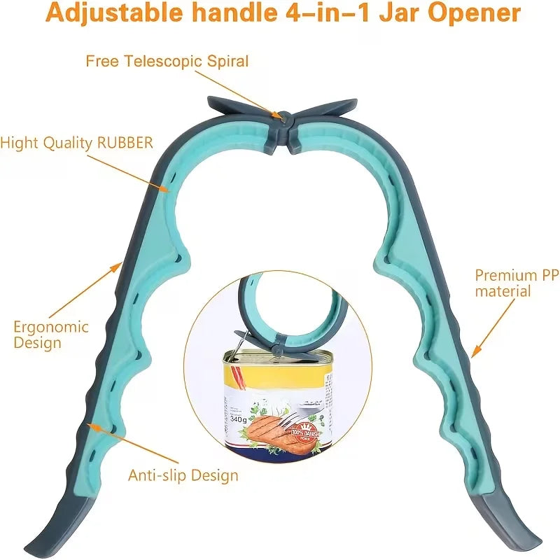 Adjustable handle 4-in-1 jar opener featuring a telescopic spiral and high quality rubber for easy grip