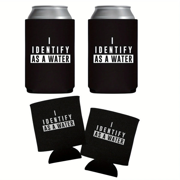 Three black insulated can sleeves with white text that reads Identify as a Water