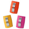 A set of three portable egg shell openers in orange, yellow, and pink.
