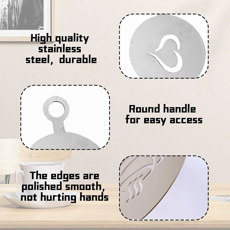 Stainless steel baking and barista art stencils set featuring a heart shape and round handle for easy access