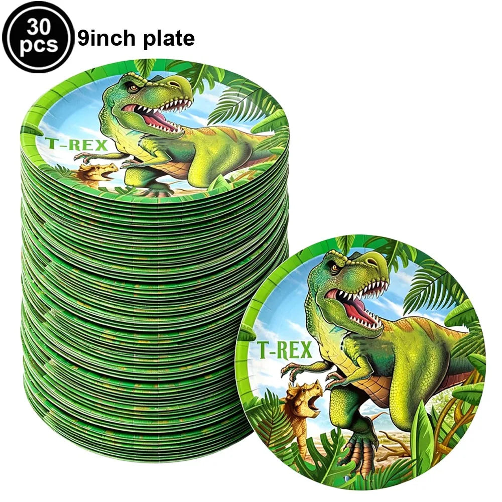 A stack of 30 dinosaur-themed 9 inch plates featuring a T-Rex design.