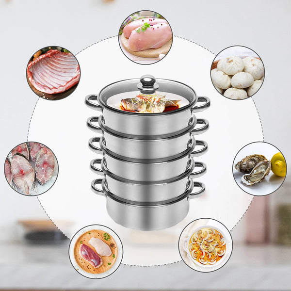 Stainless steel multi-size steam cooker with various food items like meat and seafood displayed around it.