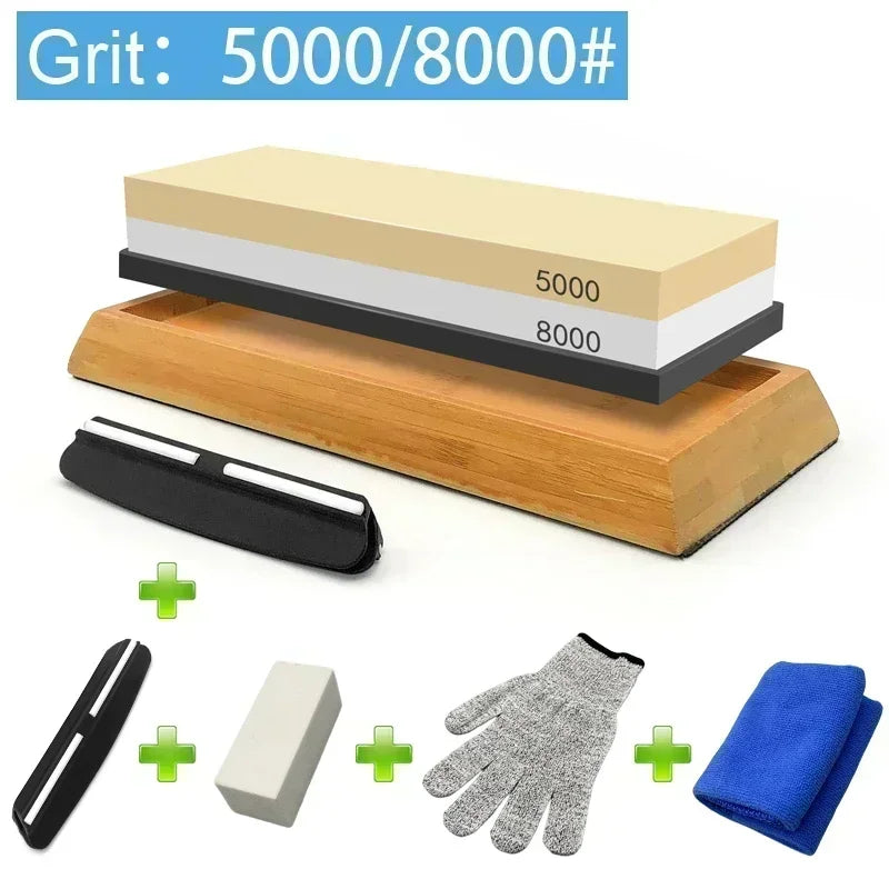 A set of multi-grits knife sharpening stones including a block, a wooden base, a knife, a block stone, and a blue cloth.