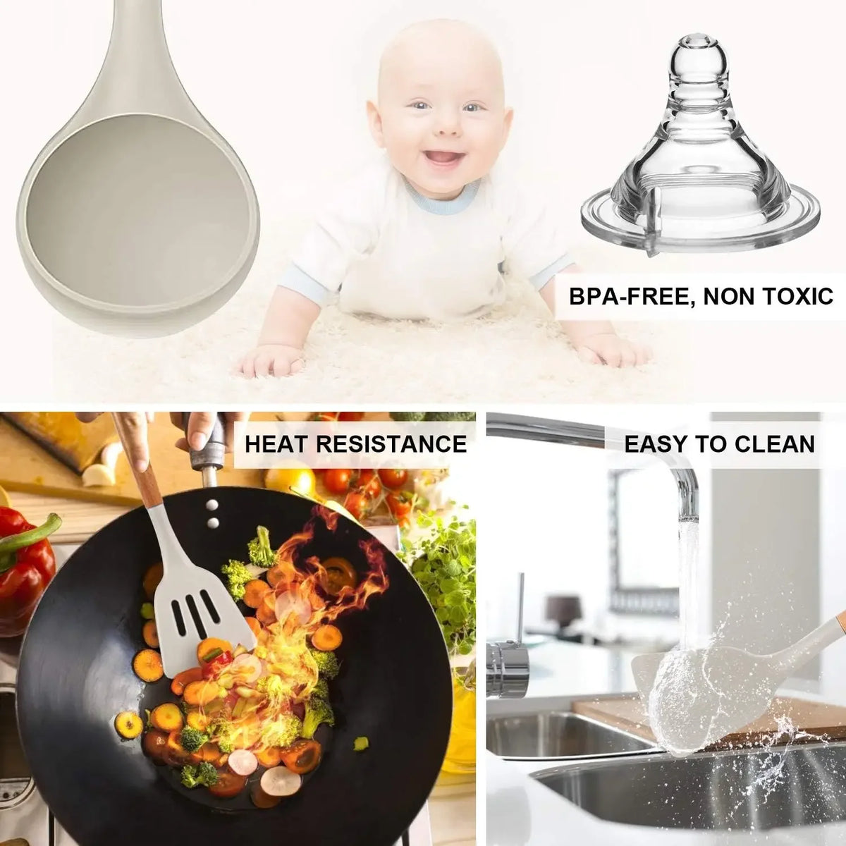 A 36-piece silicone cooking utensil set includes a funnel, spatula, and other tools for cooking.