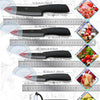 A collection of various kitchen knives, including a chef knife, slicing knife, utility knife, and peeler, shown with measurem