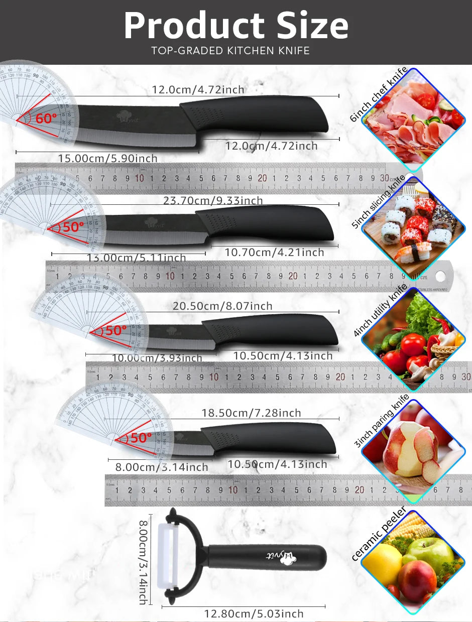 A collection of various kitchen knives, including a chef knife, slicing knife, utility knife, and peeler, shown with measurem